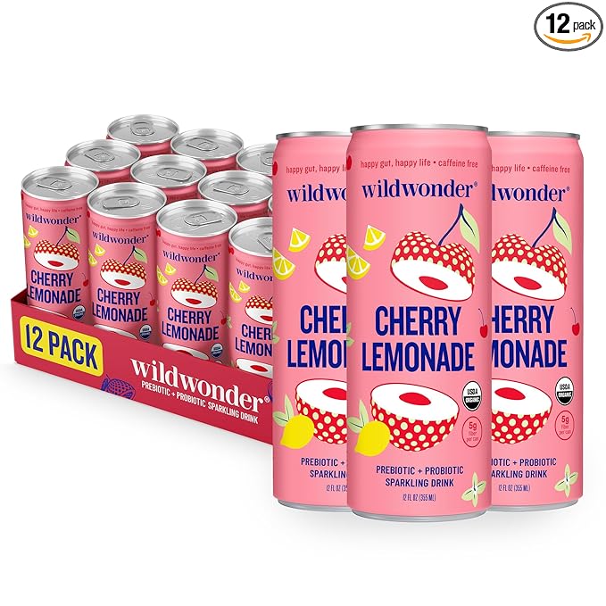 NEW! wildwonder Sparkling Probiotic Drink 12pk, For Gut Health & Immune Support, Cherry Lemonade
