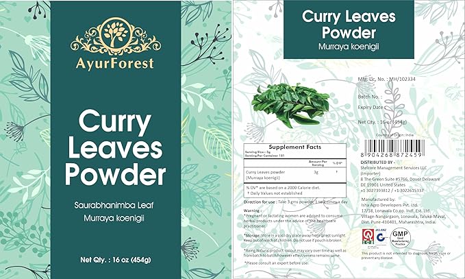 AyurForest Curry Leaves Powder 16 Ounce / 454 grams