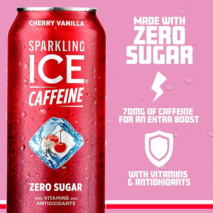 Sparkling Ice Caffeine Cherry Vanilla Sparkling Water with Caffeine, Zero Sugar, with Antioxidants