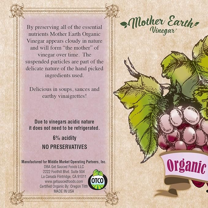 Mother Earth, Organic Red Wine Vinegar with The Mother, Fresh Pressed Organic Cabernet Grapes