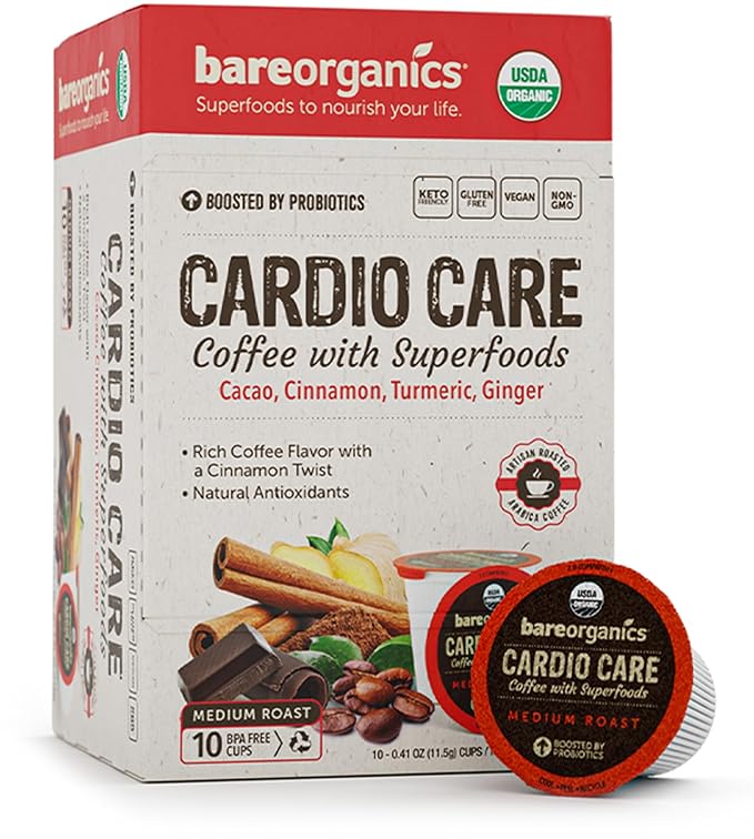 BareOrganics 13313 Cardio Care USDA Organic Coffee Pods, Compatible Organic Coffee Pods, Infused
