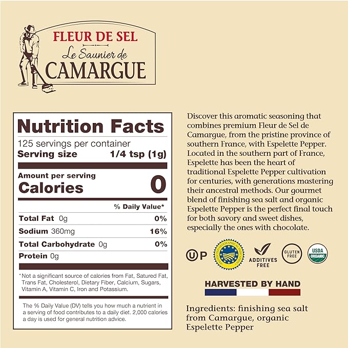 Le Saunier de Camargue Fleur de Sel with Espelette Chili – French Sea Salt Finishing Salt with Mild