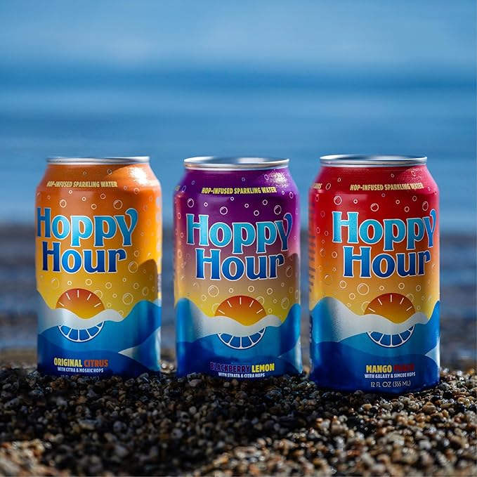 Hoppy Hour Sparkling Hop Water, Non-Alcoholic and Adaptogens Drink, Zero Sugar and Calories