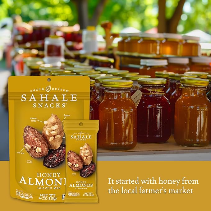 Sahale Snacks Honey Almonds Glazed Mix, 4 oz Pouches (6 Packs) - Dry-Roasted Deluxe Mixed Nuts with