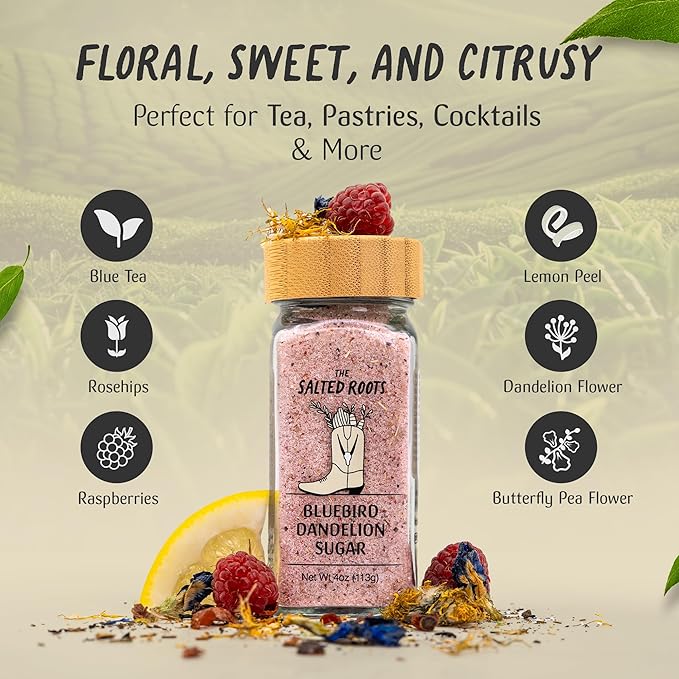 The Salted Roots Bluebird Dandelion Sugar - Floral, Sweet & Citrusy with Blue Tea, Rosehips &