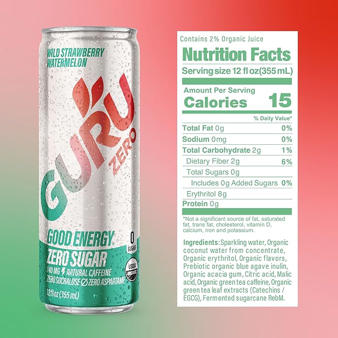 GURU ZERO SUGAR Wild Strawberry Watermelon Organic Energy Drinks, Clean Energy Drink with Plant