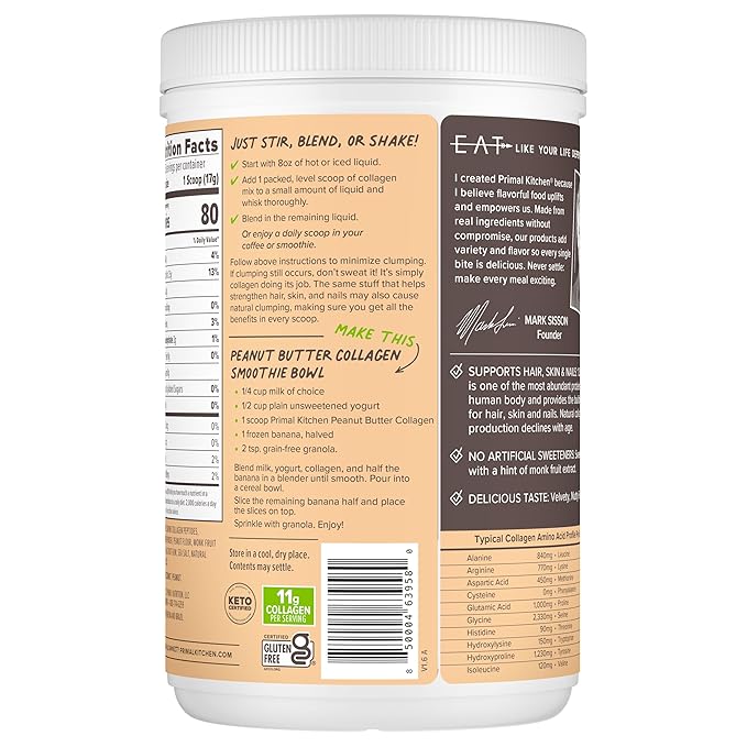 Primal Kitchen Peanut Butter Flavor Collagen Fuel짰 Drink Mix, Collagen Peptides, No Dairy, 14.3