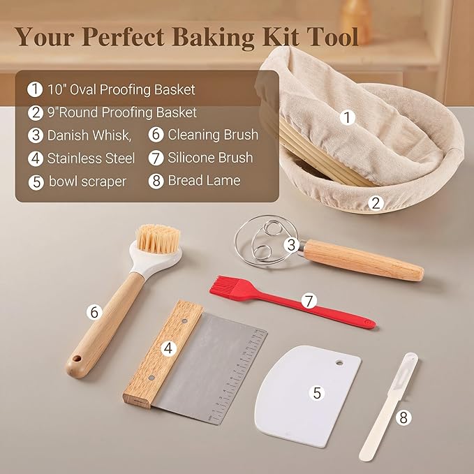 Sourdough Bread Proofing Basket Kit,9" Round and 10" Oval Banneton Basket with Liners &