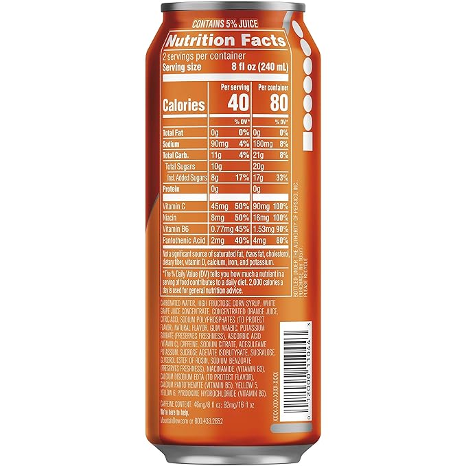 Mountain Dew Kickstart, Orange Citrus, 92mg Caffeine, Vitamins B & C, 80 Calories, 5% Juice, 16 Fl