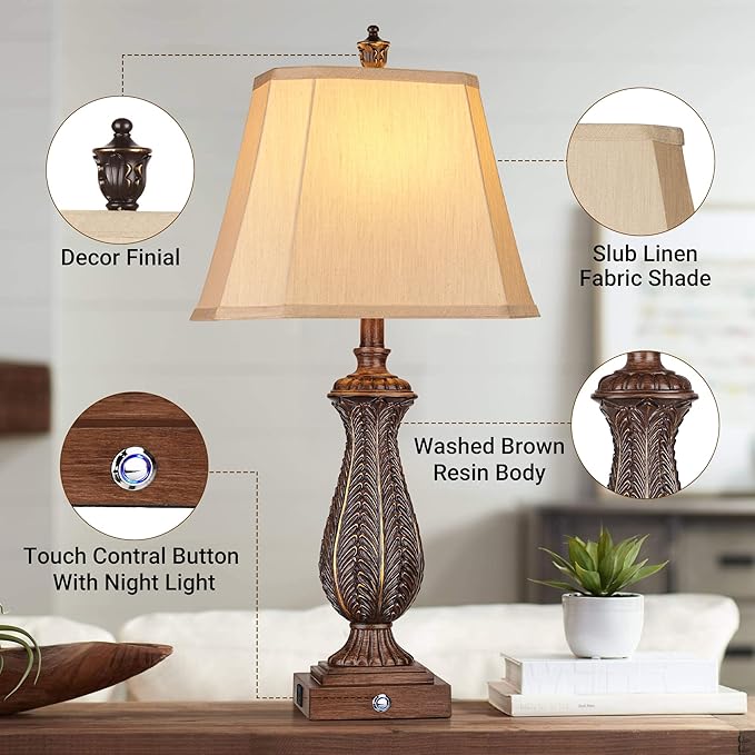 3-Way Dimmable Table Lamps for Bedrooms Set of 2, 30" H Touch Lamps for Living Room with USB &