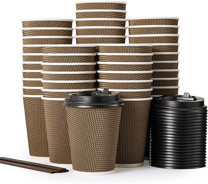 LITOPAK 80 Pack 12 oz Paper Coffee Cups, Insulated Ripple Wall Hot Coffee Cups with Lid and Straws
