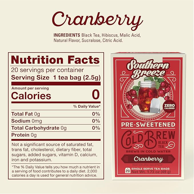 Southern Breeze Cold Brew Sweet Tea Cranberry Iced Tea with Black Tea and Zero Carbs Zero Sugar, 20