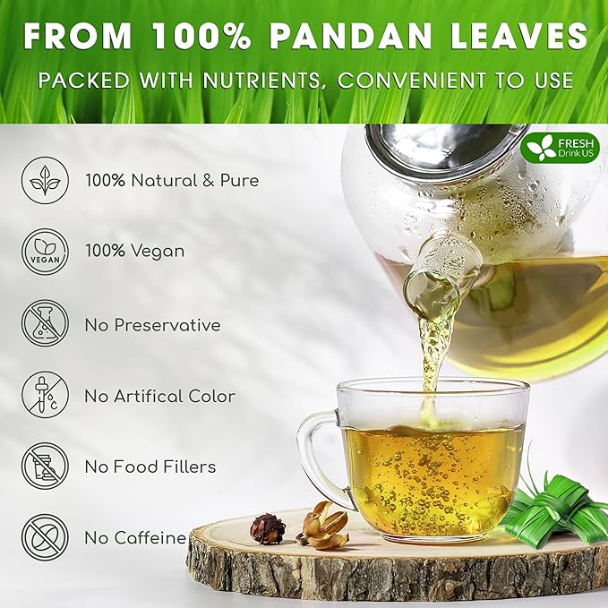 FreshDrinkUS, Premium 30 Pandan Leaf Tea Bags, 100% Natural & Pure from Pandan Leaves. Loose Leaf