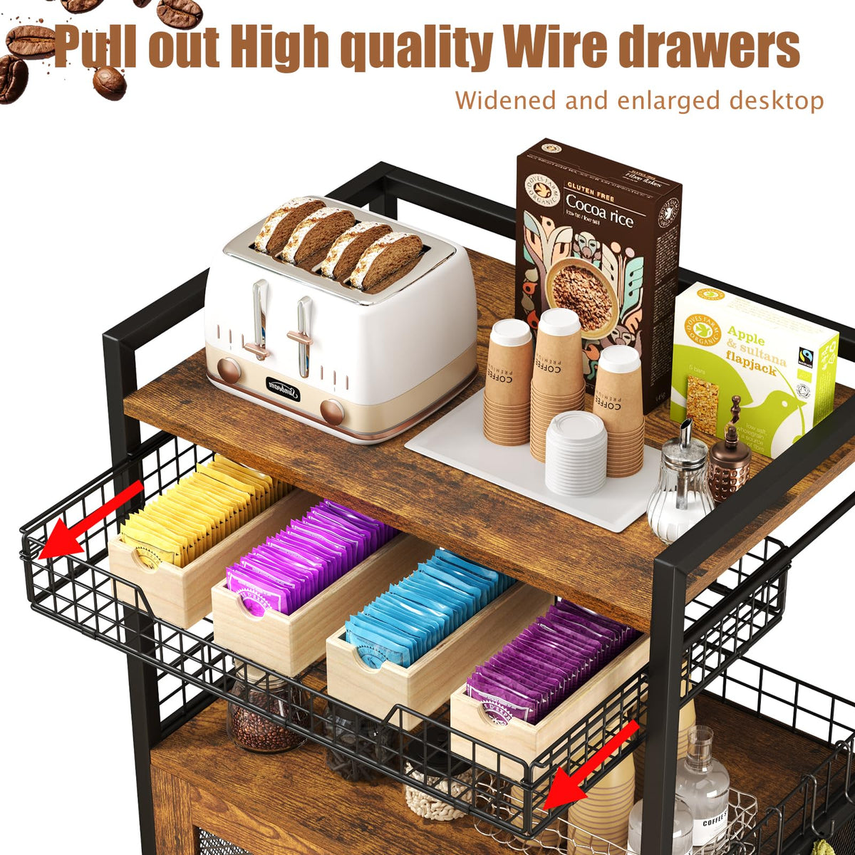 Hencawima Coffee Bar Cabinet, 3 Tier Coffee Station Table on Wheels, 35.9" H Bar Cart with Wire