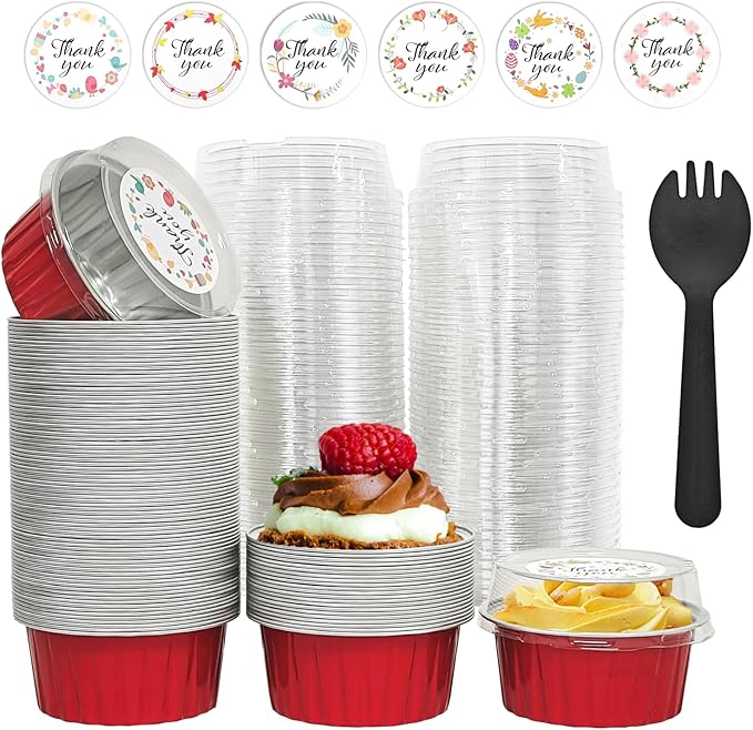 100 Pcs Aluminum Foil Baking Cups with Lids,5oz cupcake liners with lids,Disposable Ramekins Mini