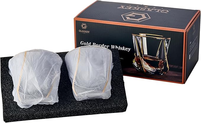 Crystal Whiskey Glasses Set of 2 with 24K Gold Rim,Bar Glasses,Twisted Whiskey Glass Gold