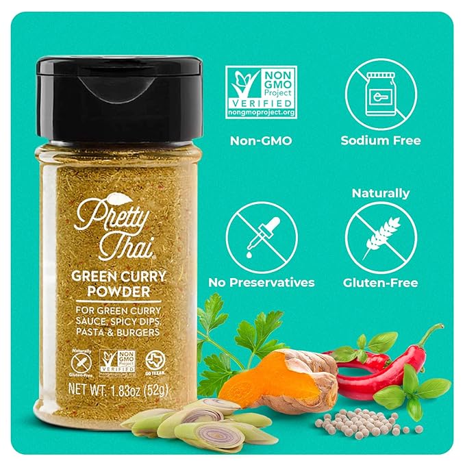 Pretty Thai Green Curry Powder, Authentic Gluten Free, Certified Non GMO, Sodium Free Seasoning for