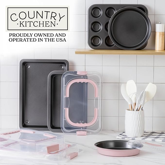 Country Kitchen Baking Pans Set - 10 Piece Non-Stick Cake Pans with Carry Lids for Easy Storage &