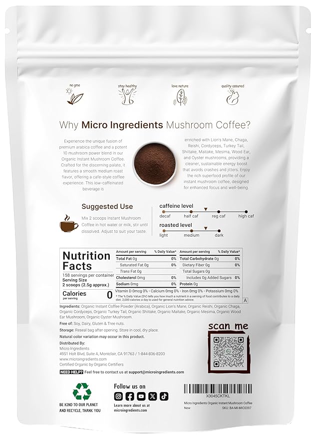 Organic Instant 10 in 1 Mushroom Coffee Powder, 14 Ounce (158 Servings) | Weight & Immune Support |
