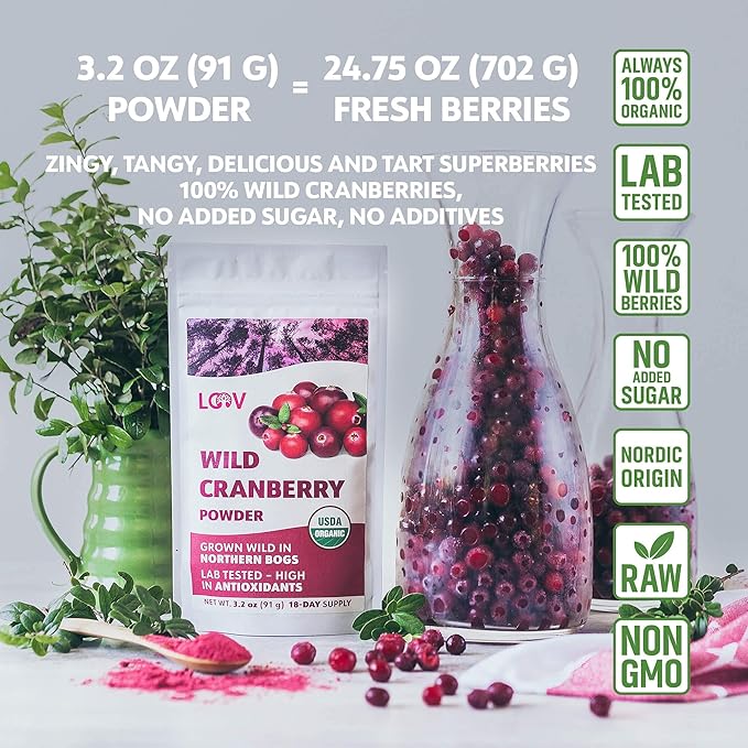Wild Organic Freeze Dried Cranberry Powder, 3.2 Oz, 18-Day Supply, from Nordic Forests, Raw, No