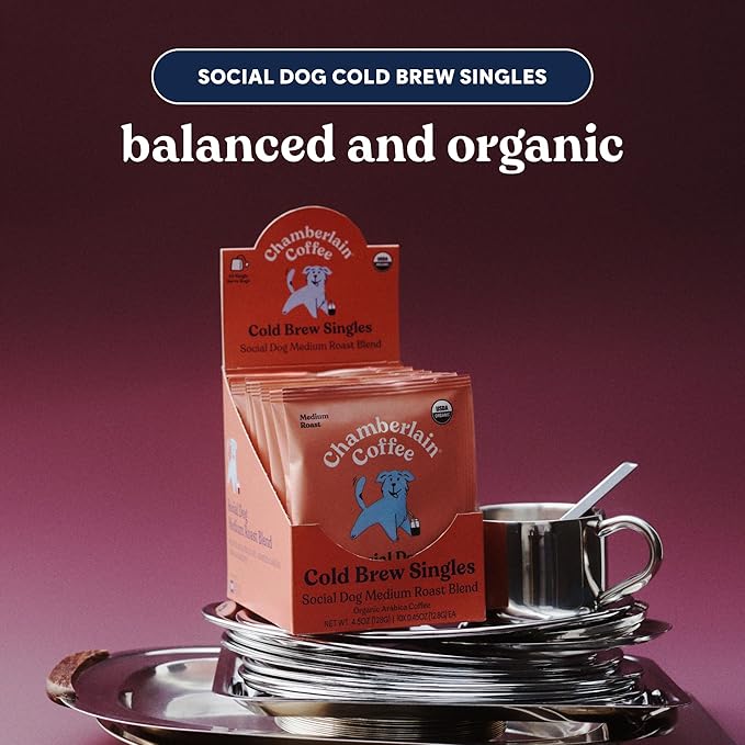 Chamberlain Coffee Social Dog Blend Cold Brew Singles - Full Bodied, Medium Roast Organic Coffee