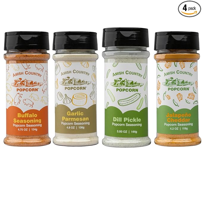 Amish Country Popcorn | 4 Pack Seasoning Bundle | Buffalo, Garlic Parmesan, Jalepeno Cheddar, Dill