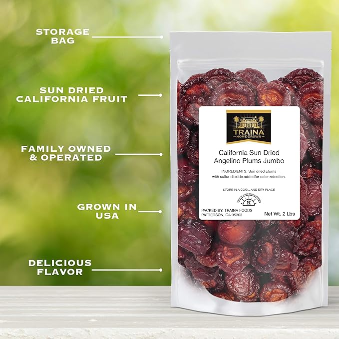 Traina Home Grown Jumbo California Sun Dried Angelino Plum Halves - Healthy, No Sugar Added, Chewy