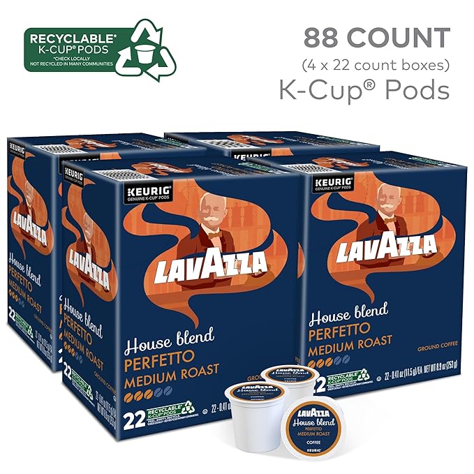 Lavazza House Blend Perfetto, Single-Serve Keurig K-Cup Pods, Medium Roast Coffee, 88-Count Box (4