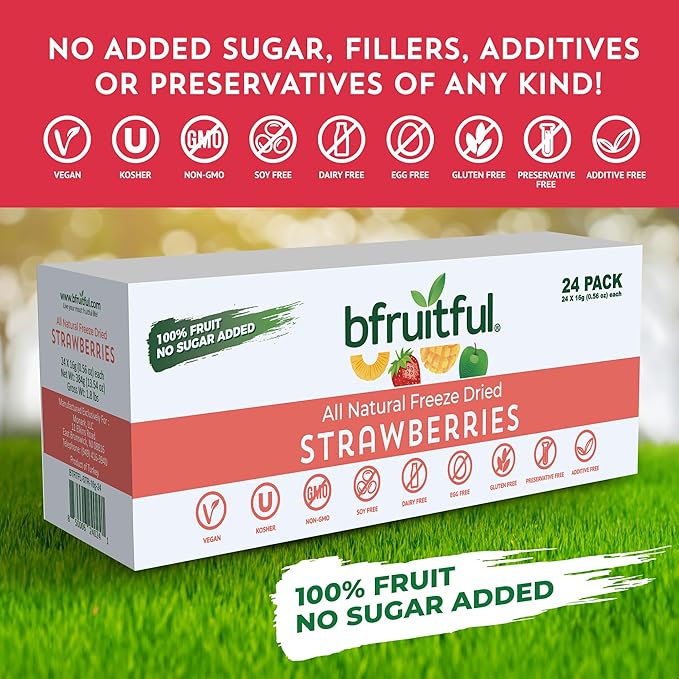 bfruitful Freeze-Dried Strawberries, Freeze Dried Fresh Fruit Bites, Gluten Free, Vegan, Dairy
