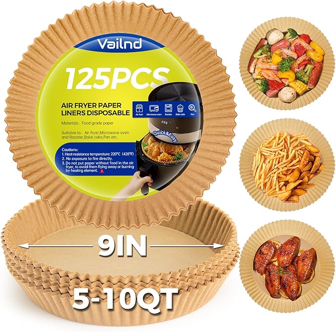Vailnd 9inch Round Air Fryer Liners Disposable, 125PCS Non-Stick Parchment Paper Liners, Oil