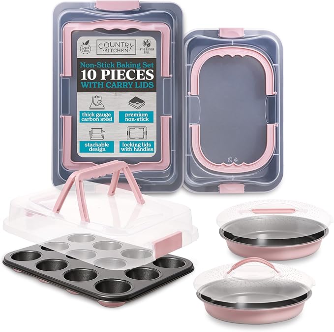 Country Kitchen Baking Pans Set - 10 Piece Non-Stick Cake Pans with Carry Lids for Easy Storage &