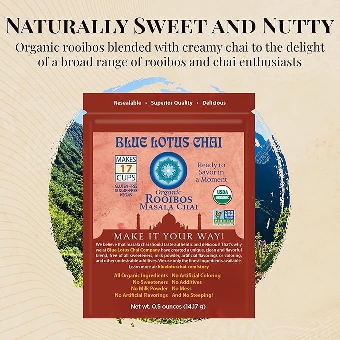 Blue Lotus Chai - Rooibos Masala Chai - Makes 17 Cups - 0.5 oz Pouch Masala Spiced Chai Powder with