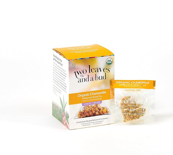 Two Leaves and a Bud Organic Chamomile Herbal Tea Bags, Naturally Caffeine Free, Whole Leaf