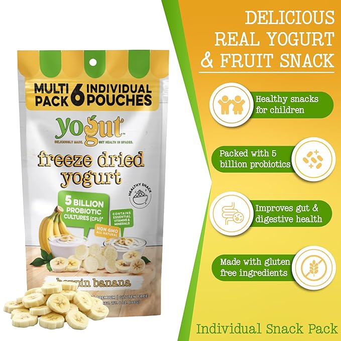 YoGut Freeze Dried Yogurt Snack, Banana, 6 Pk, Healthy Snacks for Kids, Toddlers & Adults, Gluten