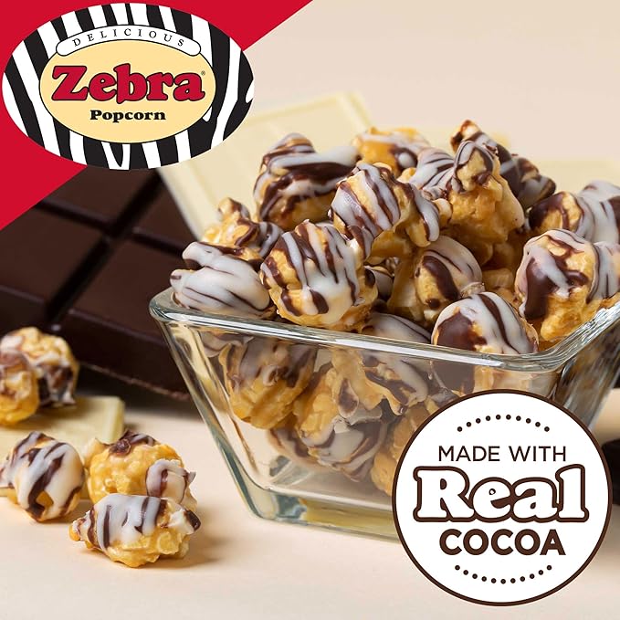 Popcornopolis Zebra Popcorn, Caramel Corn with Chocolate Flavored Stripes, Multipack, 12 Individual