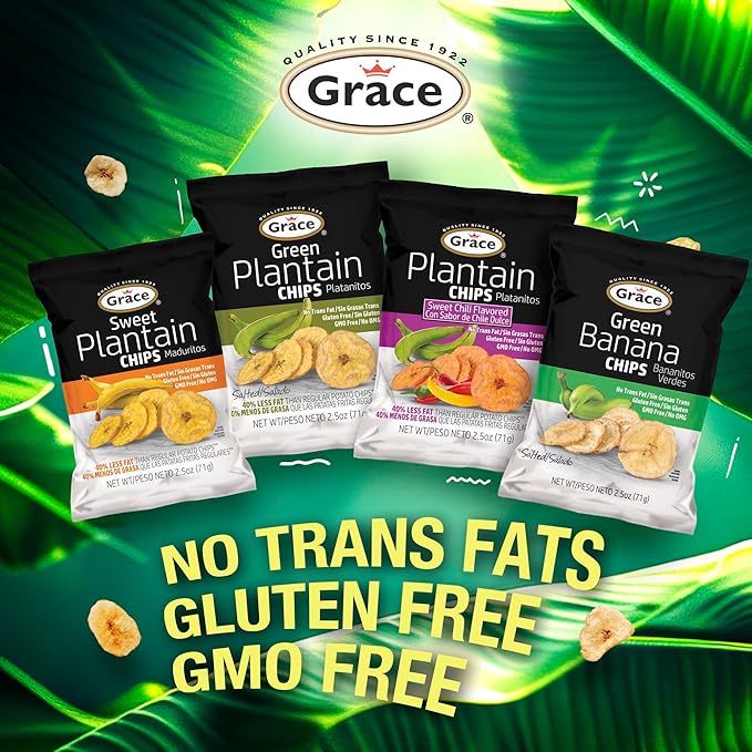 Grace Green Banana Chips 2.5oz - 6 Pack Plantain Chips Individual Bags - Jamaican Gluten Free