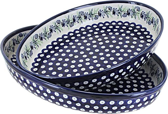 Blue Rose Polish Pottery - Blue Sweet Annie Oval Baker Set - 2 Bakers - Unique, Dishwasher Safe, &