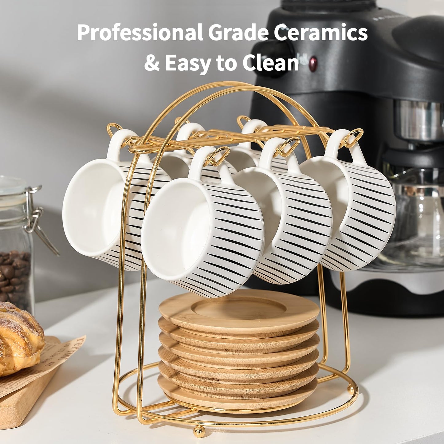 LUKA Ceramic Coffee Espresso Cups with Saucers Set with Metal Holder, 4.4 oz Porcelain Demitasse
