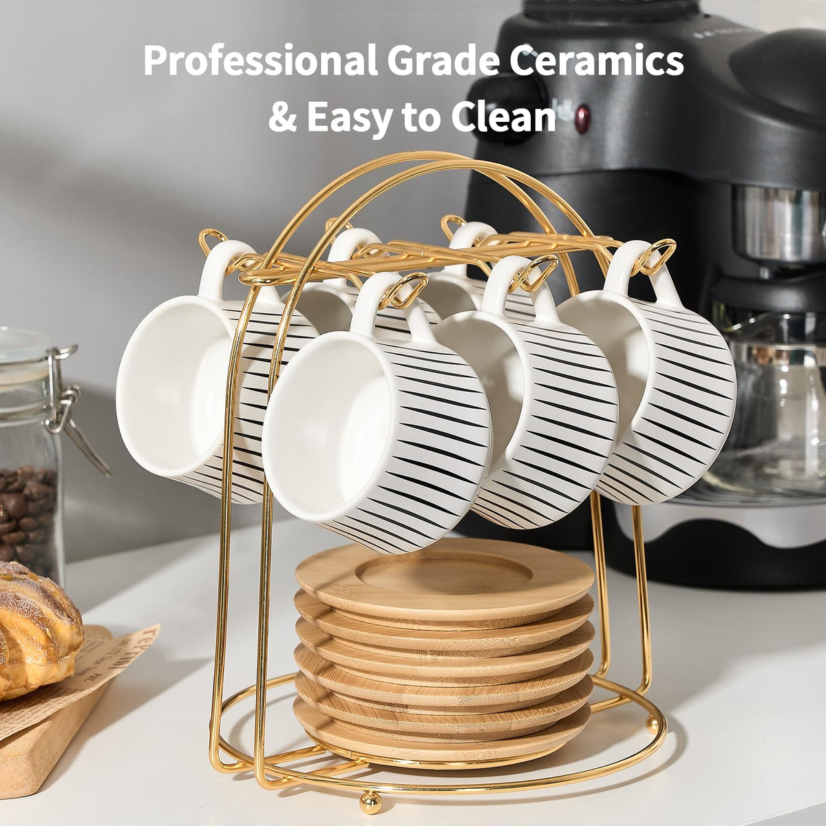 LUKA Ceramic Coffee Espresso Cups with Saucers Set with Metal Holder, 4.4 oz Porcelain Demitasse