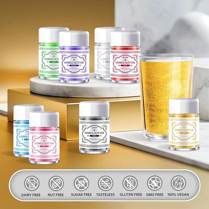 Edible Glitter for Drinks ??8 Colors Luster Dust, Food Grade Cocktail Shimmer Powder for Cakes