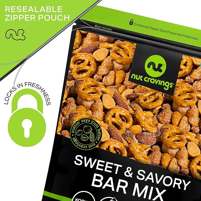 NUT CRAVINGS - Party Bar Nut Mix, Sweet & Savory Pub Snack - Smoked Almonds, Pretzels, Toffee