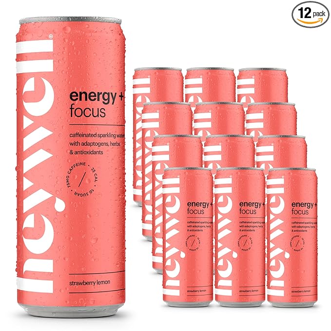 Heywell Sparkling Adaptogenic Water Energy and Focus, Strawberry Lemon Flavor 12 Fluid Ounce (Pack