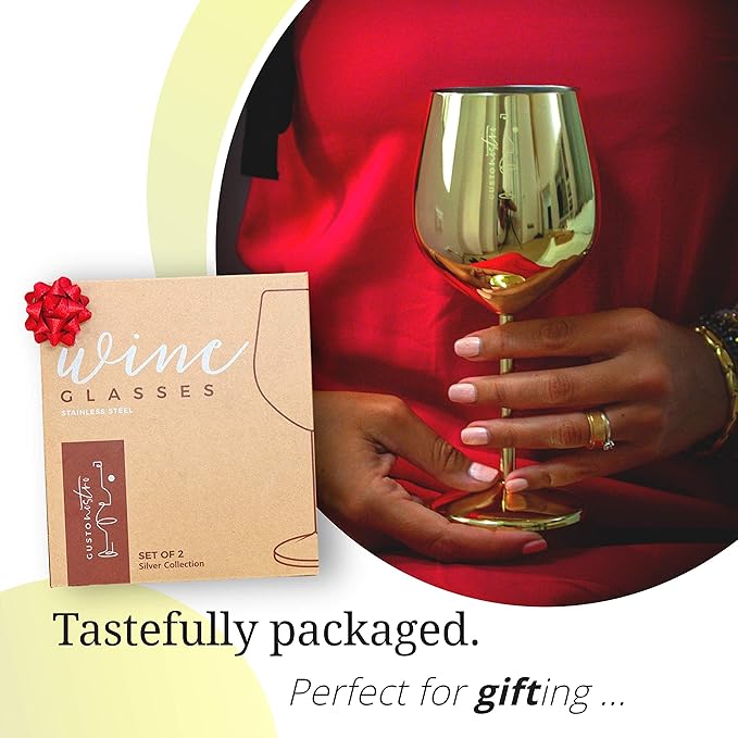 Gusto Nostro Stainless Steel Wine Glass - 18 oz Unbreakable Gold Wine Glasses for Travel, Camping