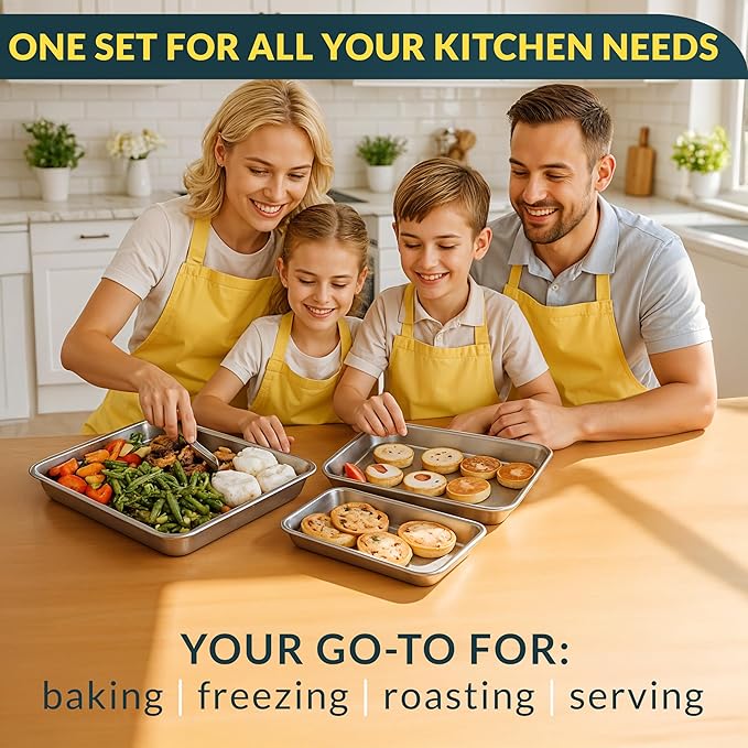 Baker’s Signature Stainless Steel Cookie Sheet Pan, Stainless Steel Baking Sheet Set of 3, Mirror