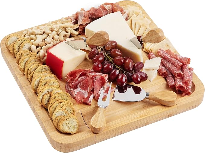 Charcuterie Board Gift Set, Bamboo Cheese Board With Cutlery, Includes Stainless Steel Serving