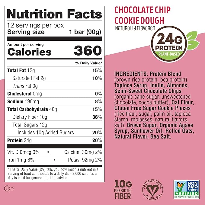 Lenny & Larry's Cookie-fied BIG BAR ??Chocolate Chip Cookie Dough Vegan Protein Bars 12x90g
