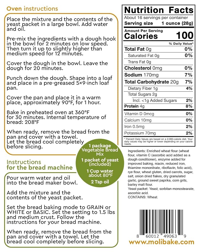 Molibake Vegetable Bread Mix Pack of 2 - All-Natural Vegetable Bread Mix for Bread Machine and Oven