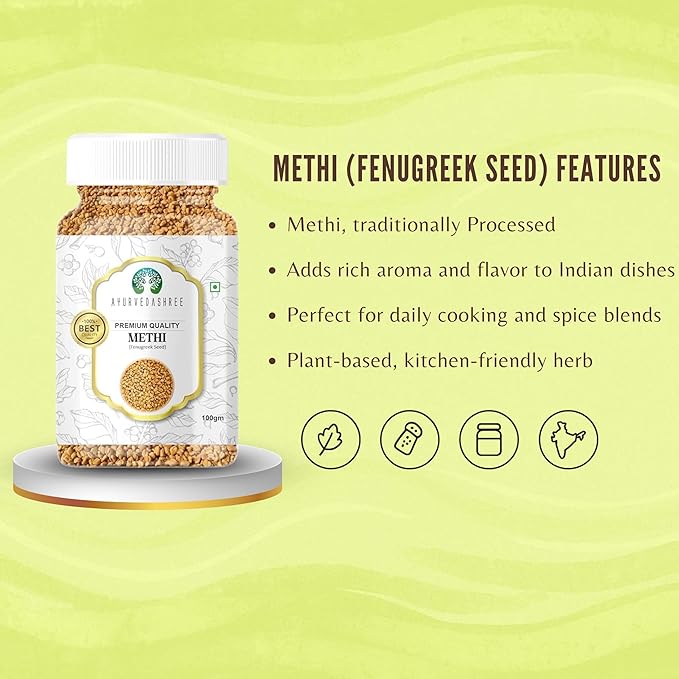 AYURVEDASHREE Fenugreek (Methi) Seeds Whole 100gm | Trigonella foenum graecum | All Natural | Vegan