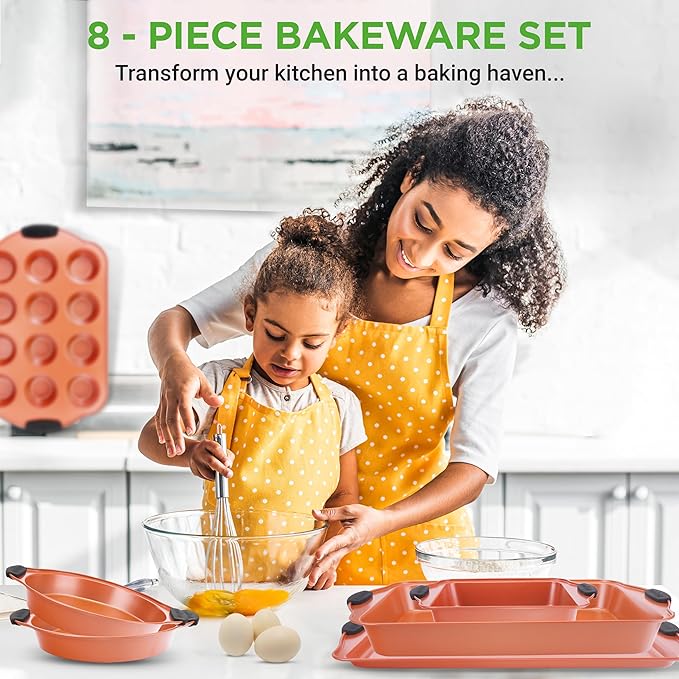 NutriChef 8 Piece Baking Pans Set - Nonstick Carbon Steel Bakeware Set w/ Silicone Heat-Safe