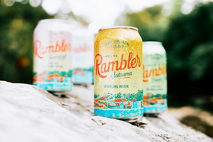 AUTX RAMBLER Sparkling Water, Texas Limestone Mineral Blend, Satsuma Flavor, 12-Ounce Cans, Three
